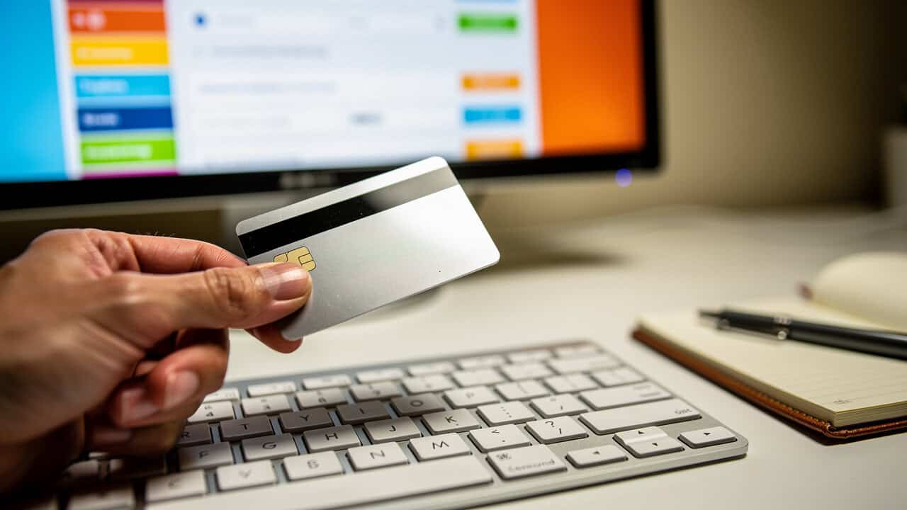 Hand holding credit card for purchasing domain name and web hosting