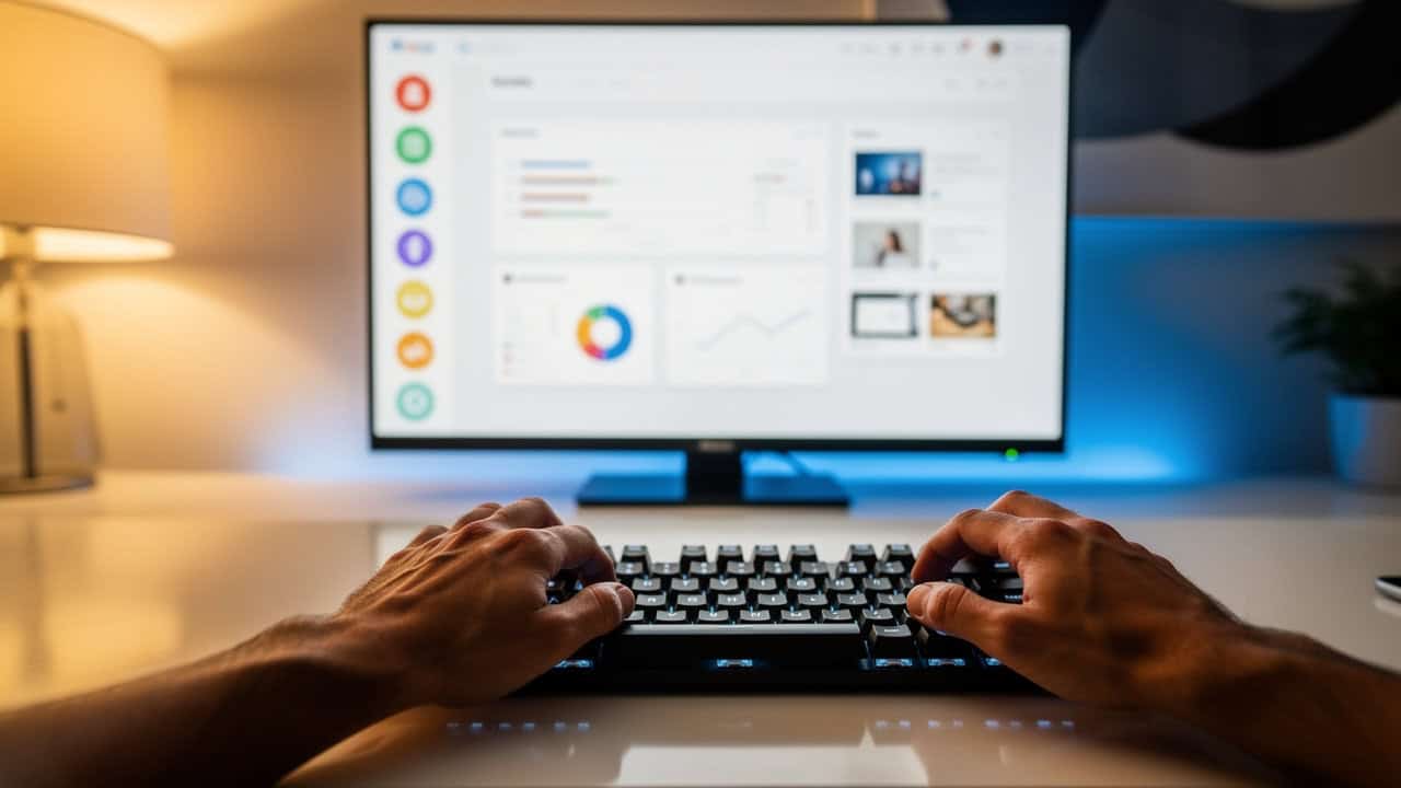 Hands typing while exploring the WordPress admin dashboard on monitor