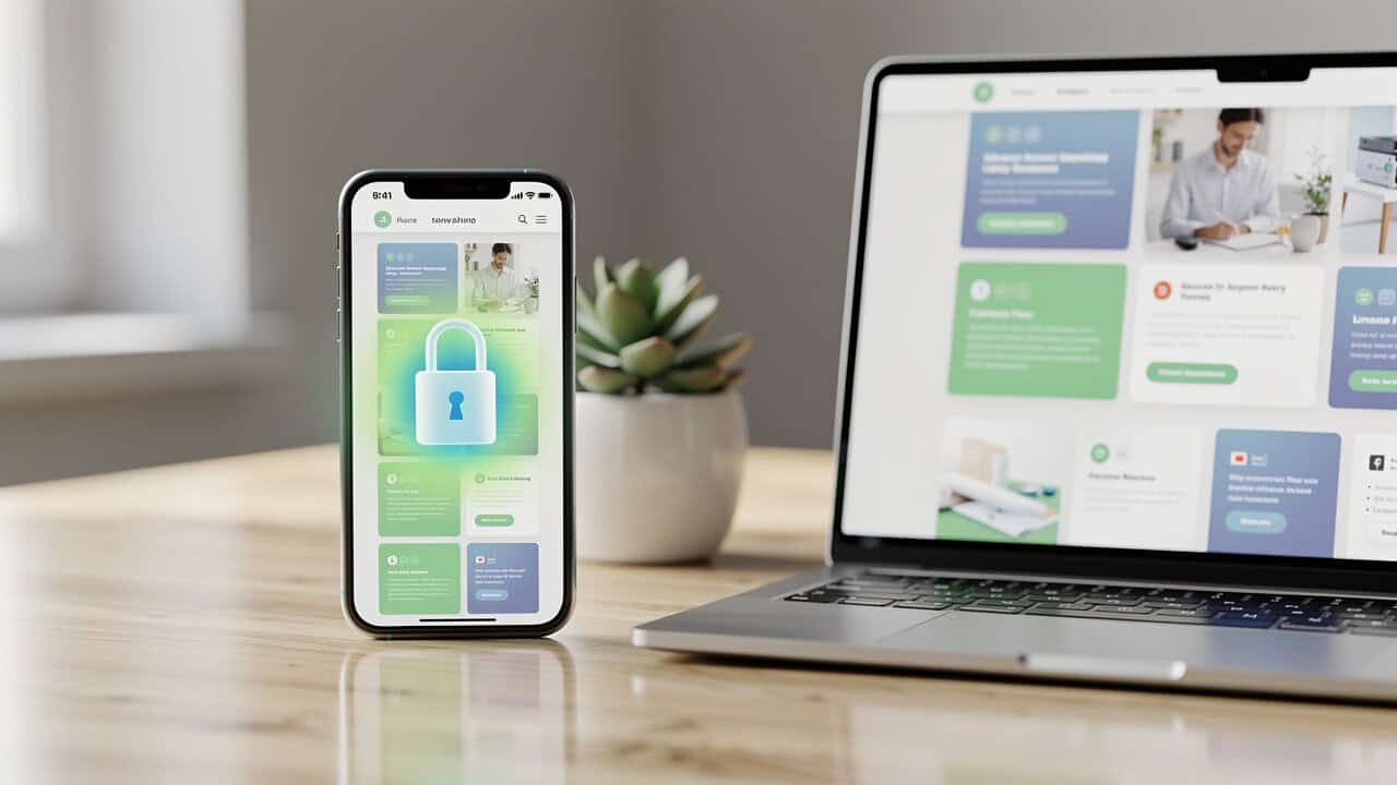 Smartphone and laptop displaying secure optimized WordPress website with plugins